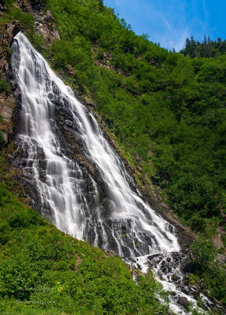 Horsetail Falls cascade down the cliffs of Keystone Canyon outside Valdez in Alaska. Prints available in my online store