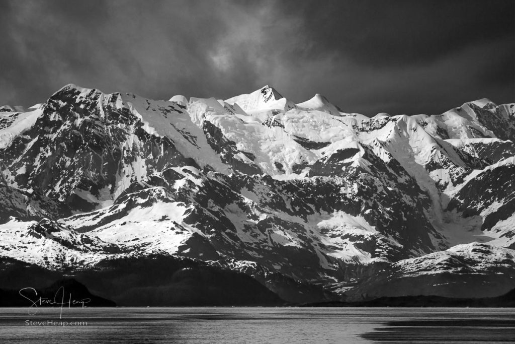 Monochrome photograph of the entrance to Prince William Sound and the town of Valdez in Alaska. Prints available in my online store