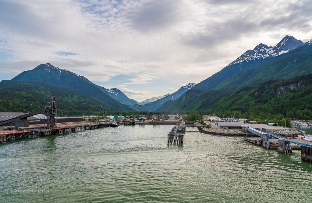 View of the docks and the small Alaskan town of Skagway early in the morning