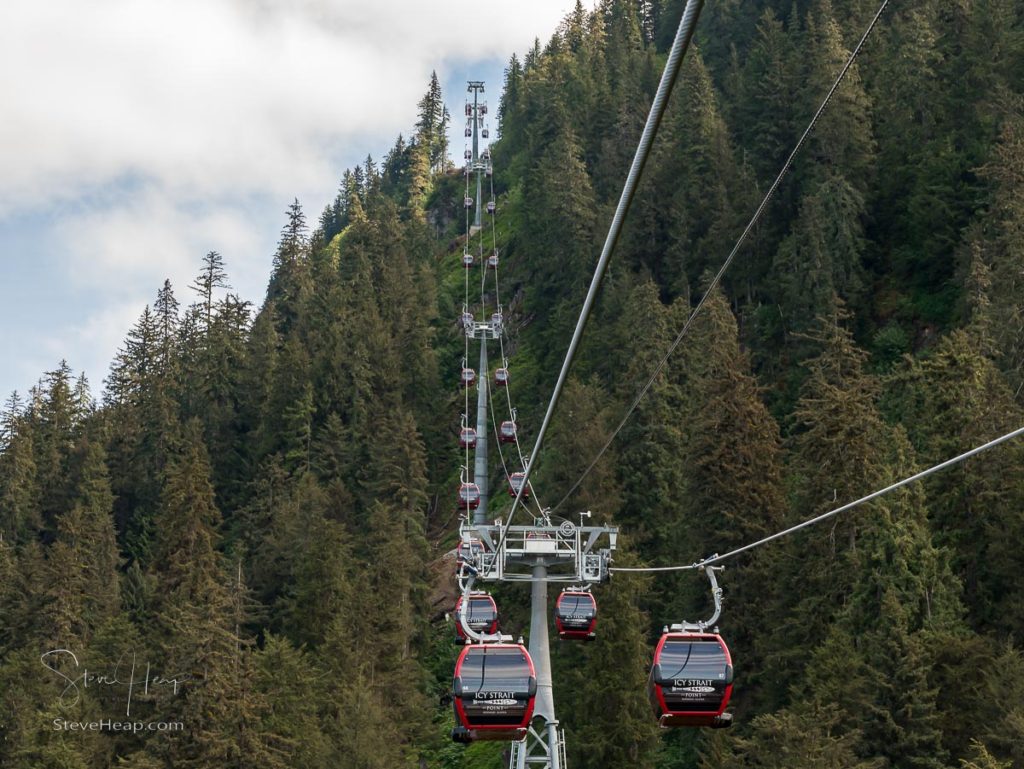 Hoonah, AK - 7 June 2022: New cable car ride to mountain top at Icy Strait Point Alaska