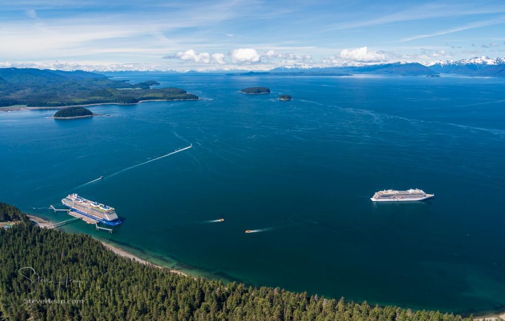 Hoonah, AK - 7 June 2022: Viking Orion cruise ship anchored at Icy Strait Point Alaska with passenger tenders