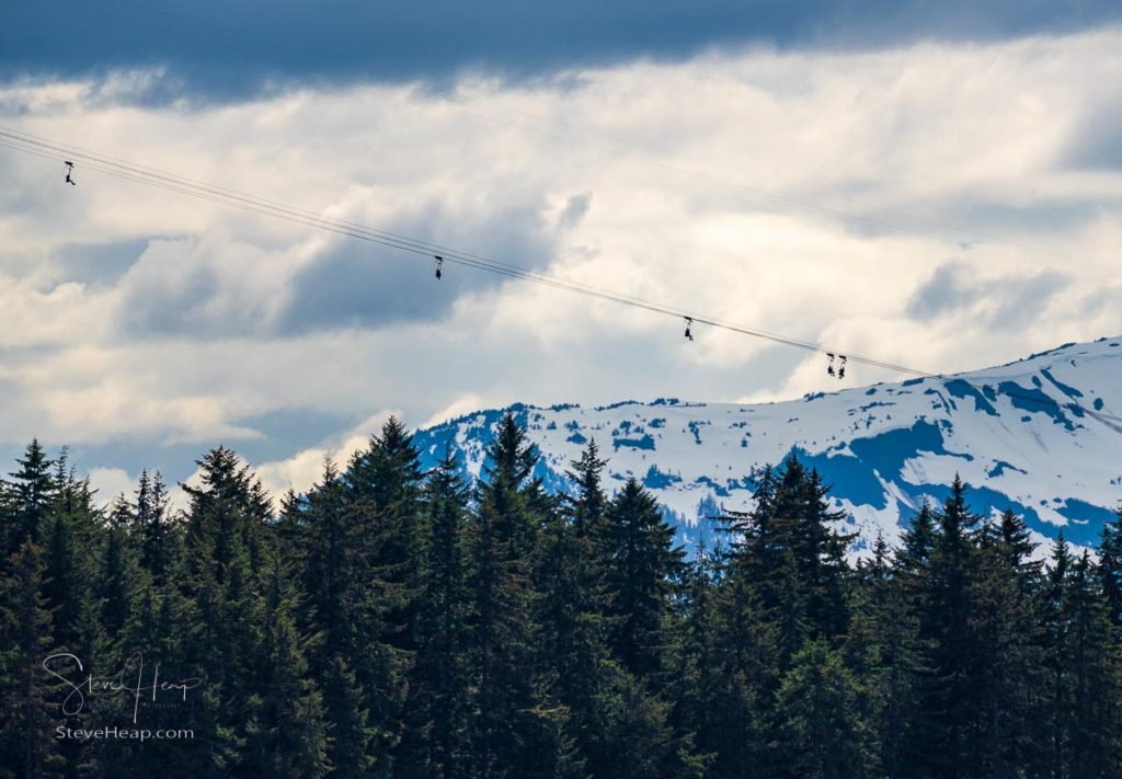 Multiple passengers in harnesses and seats on zip line from mountain top to Icy Strait Point in Alaska