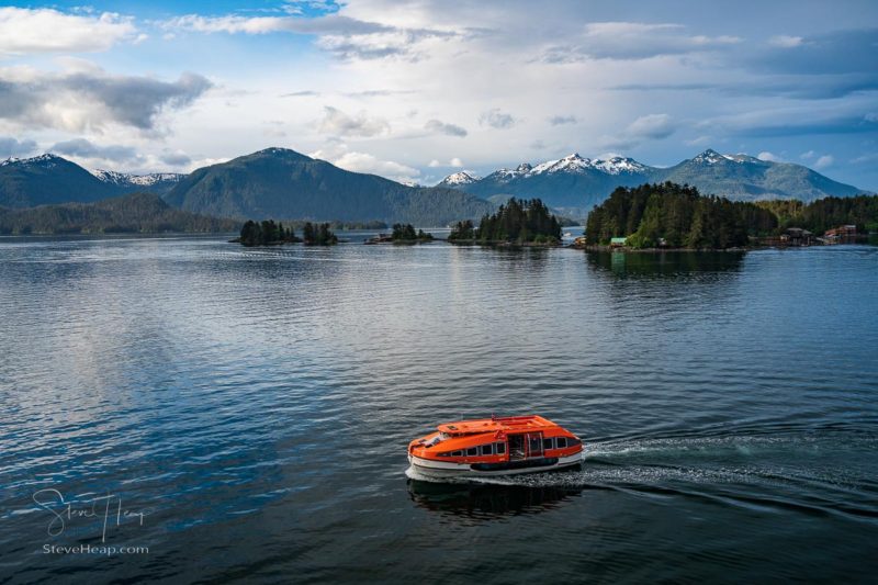 Sitka, AK - 8 June 2021: Tender boat from Viking Orion takes passengers to port in Alaska