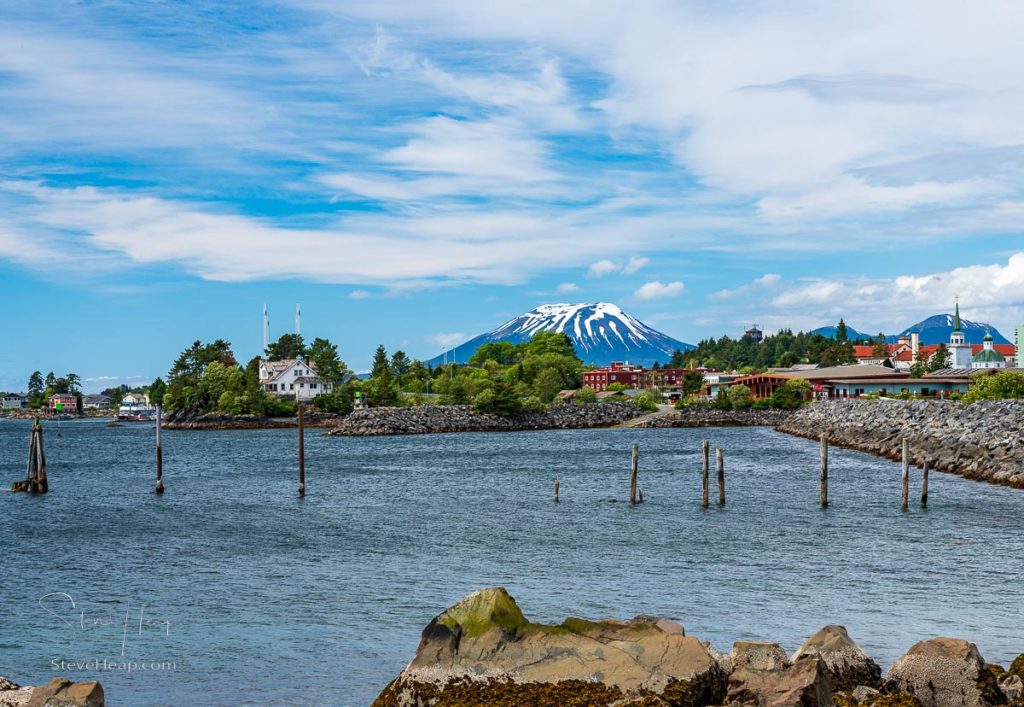 Extinct volcano of Mount Edgecumbe rises above the harbor town of Sitka in Alaska. Prints available in my online store