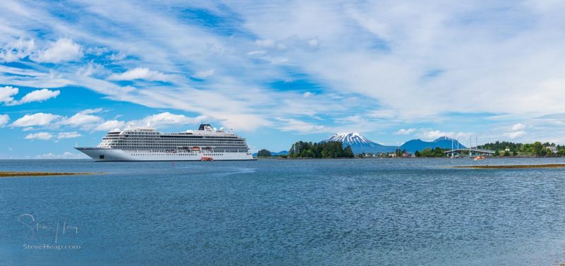 Sitka, AK - 8 June 2022: Viking Orion cruise ship anchored in Sitka bay in Alaska