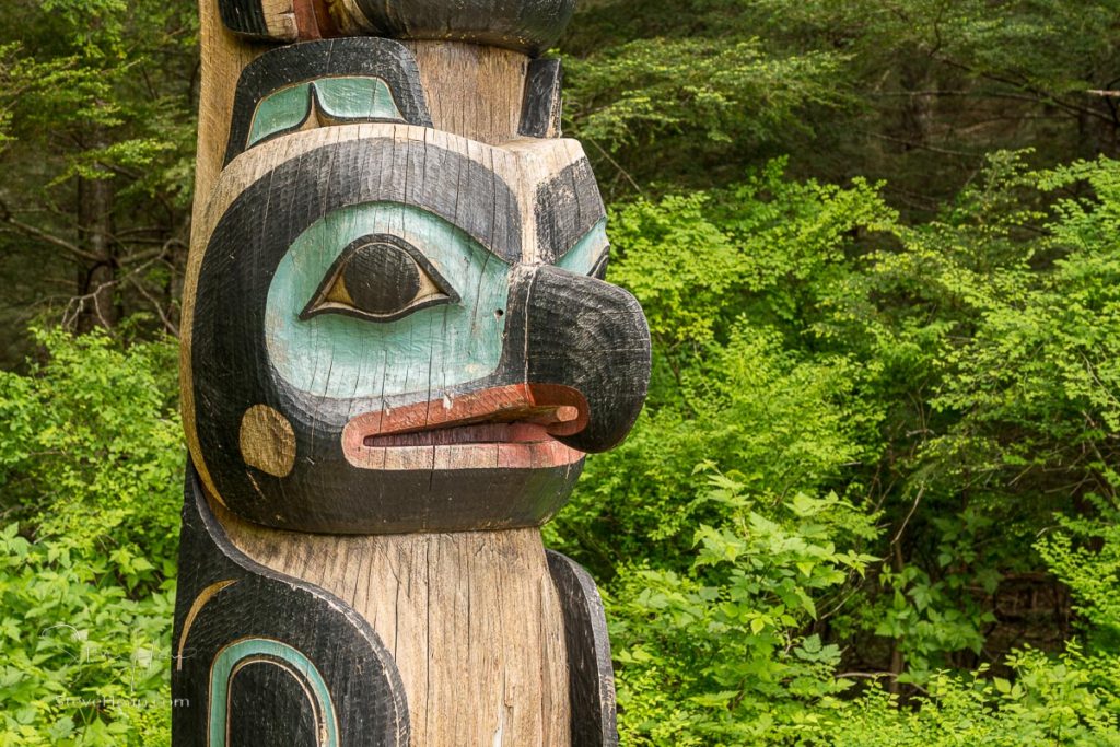 Raven's head on a totem poles displayed in the Sitka National Historical park in Alaska. Prints available in my online store