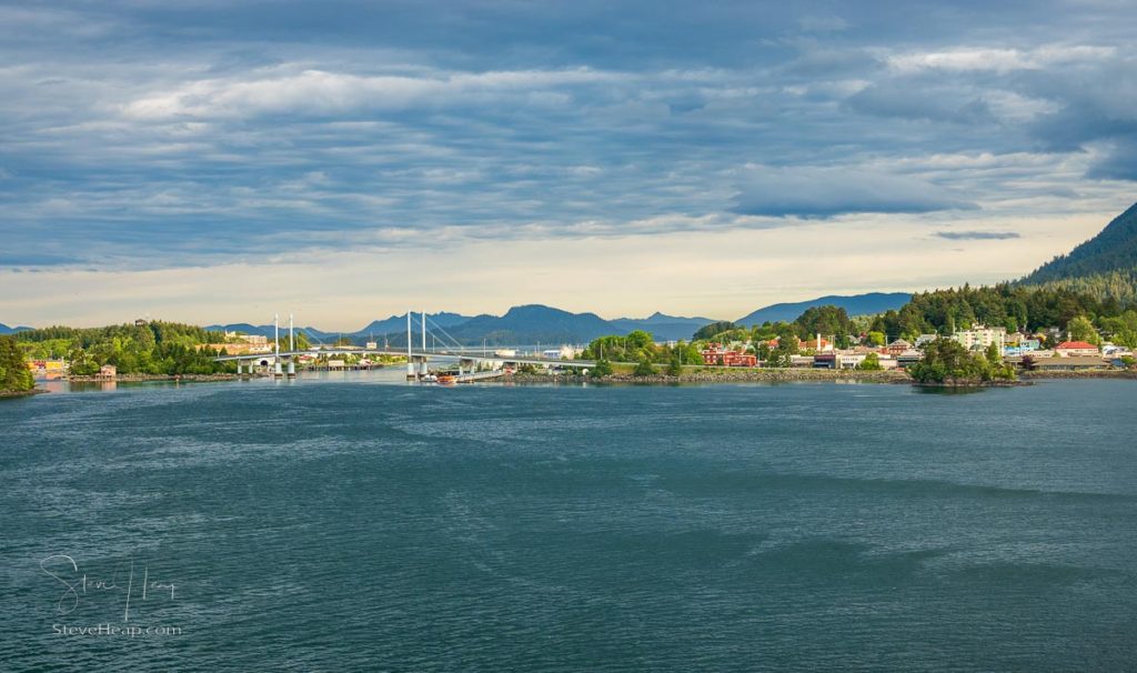 Panorama of the old town of Sitka in Alaska as the sun illuminates the downtown area. Prints available in my online store