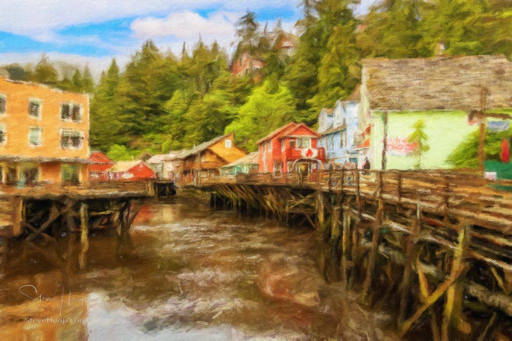 Impressionistic oil painting of the famous Creek Street boardwalk and shops in Ketchikan Alaska. Prints in my online store