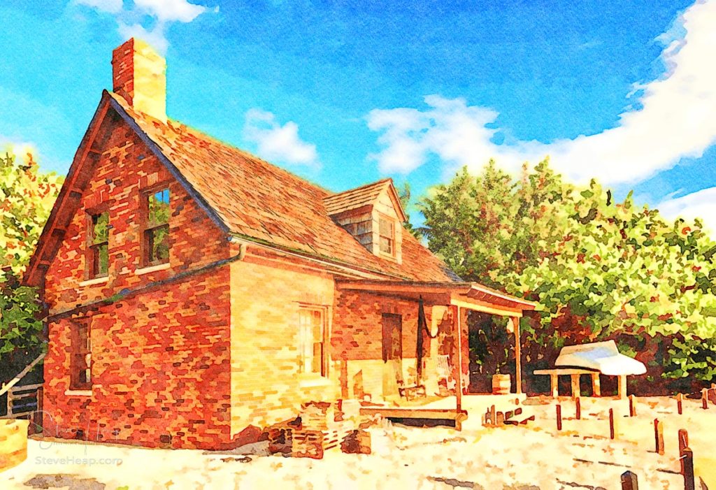 Watercolor painting of the brick home of lighthouse keeper at Cape Florida Bill Baggs State Park using digital painting. Prints in my online store