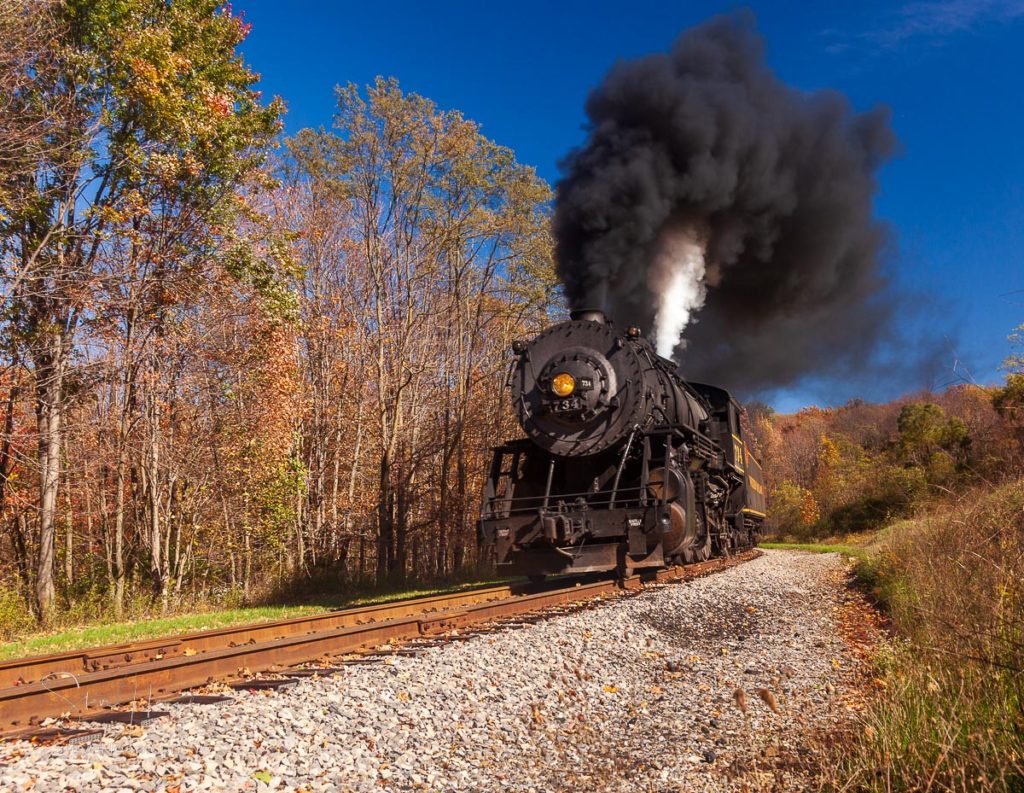 Western Maryland Railroad steam train in the fall of 2011. This scenic railroad offers excursions pulled by a 1916 Baldwin locomotive from Cumberland to Frostburg. Prints available here.