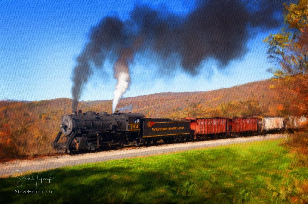 Pastel sketch of Western Maryland Railroad steam train in the fall of 2011. This scenic railroad offers excursions pulled by a 1916 Baldwin locomotive from Cumberland to Frostburg. Prints available here