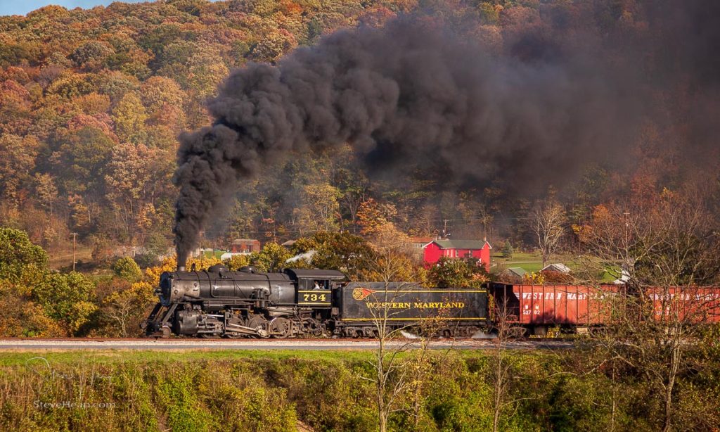 Western Maryland Railroad steam train in the fall of 2011. This scenic railroad offers excursions pulled by a 1916 Baldwin locomotive from Cumberland to Frostburg. Prints available here