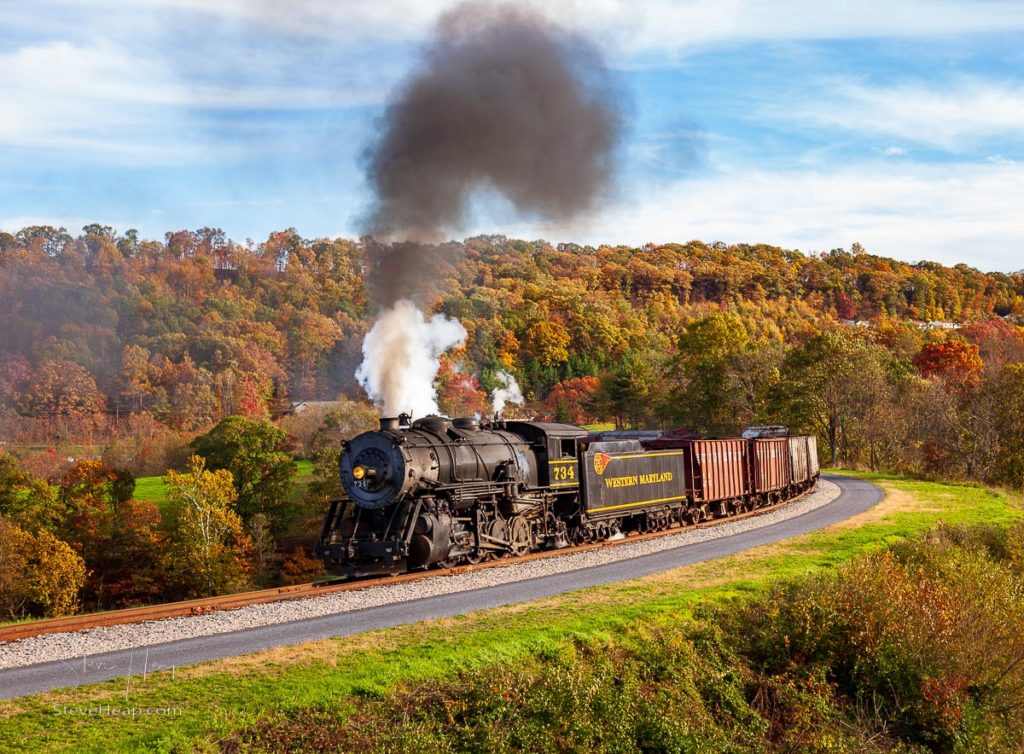 Western Maryland Railroad steam train in the fall of 2011. This scenic railroad offers excursions pulled by a 1916 Baldwin locomotive from Cumberland to Frostburg. Prints available here.