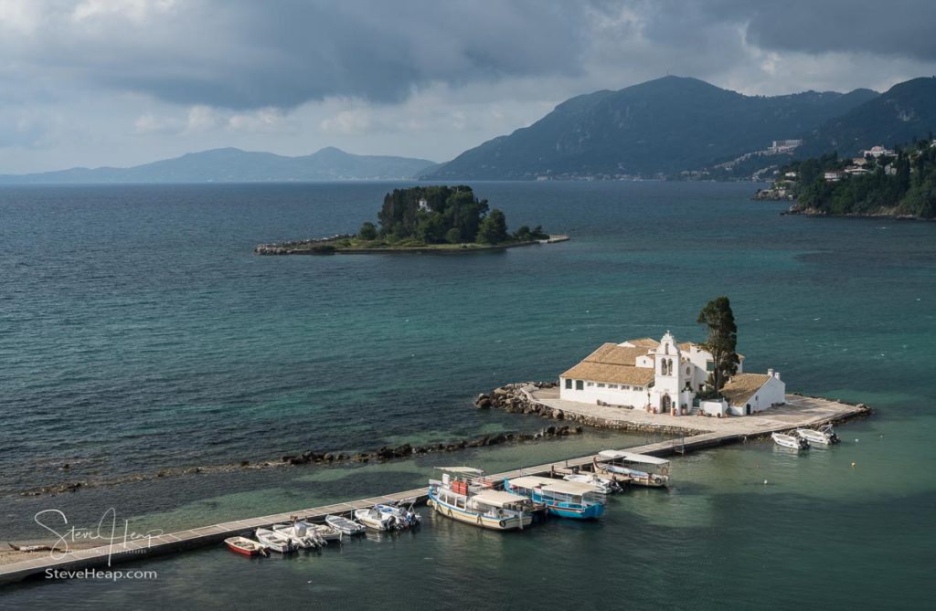 Vlacherna monastery and Mouse island off the coast of Corfu in Greece. Prints available in my store