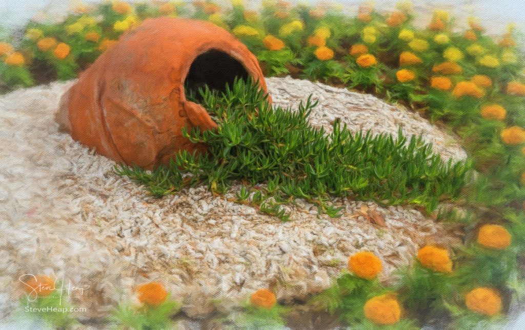 Digital oil painting of orange flowers surrounding ceramic pottery urn in ornamental garden arrangement. Prints in my store