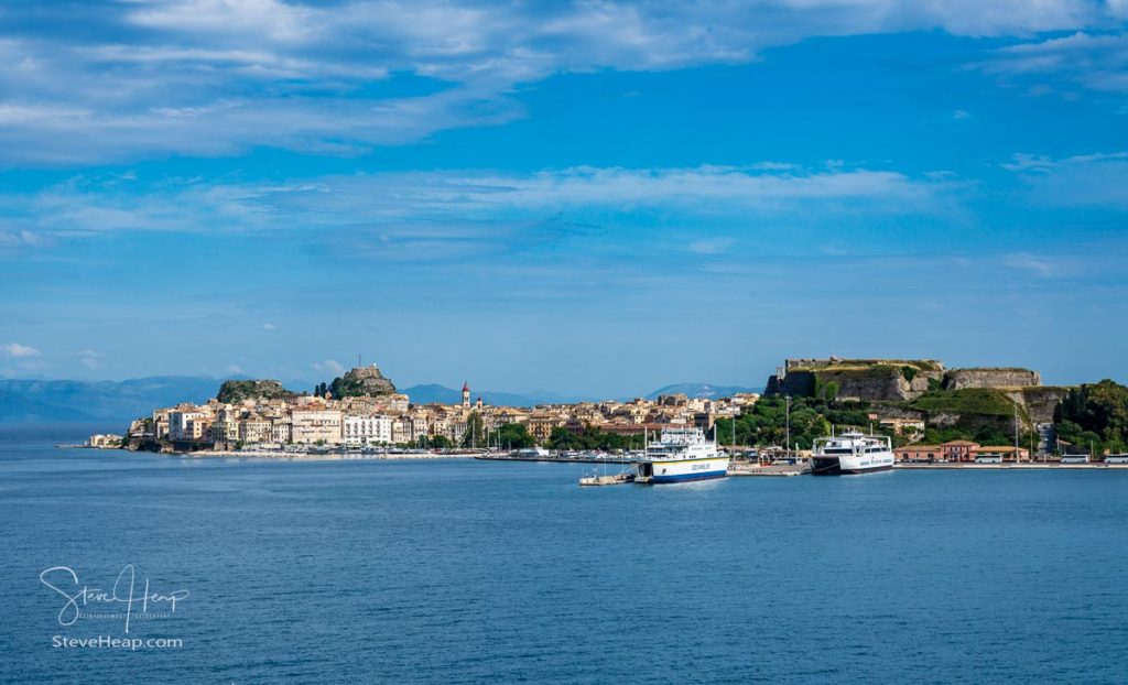 Ships docked in panorama of the port of Kerkyra on Corfu. Prints available in my store