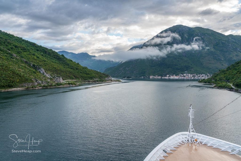 Approaching the village of Perast on coastline of Gulf of Kotor in Montenegro