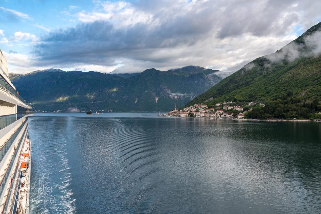 Looking back towards the village of Perast on coastline of Gulf of Kotor in Montenegro