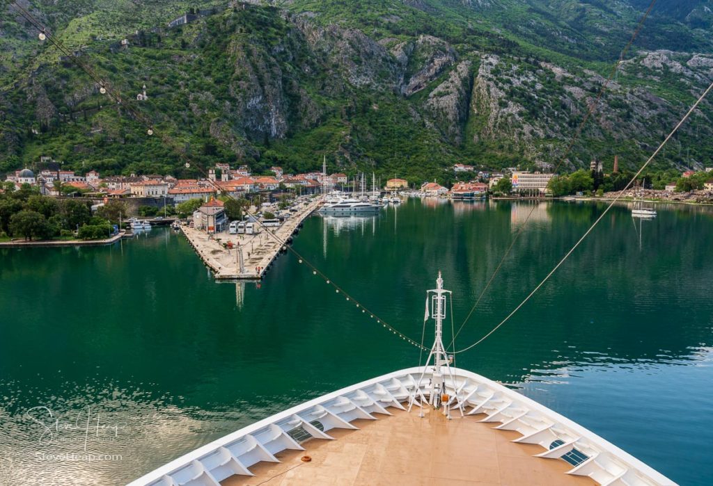 Viking Star cruise ship approaching the town of Kotor on Gulf of Kotor in Montenegro