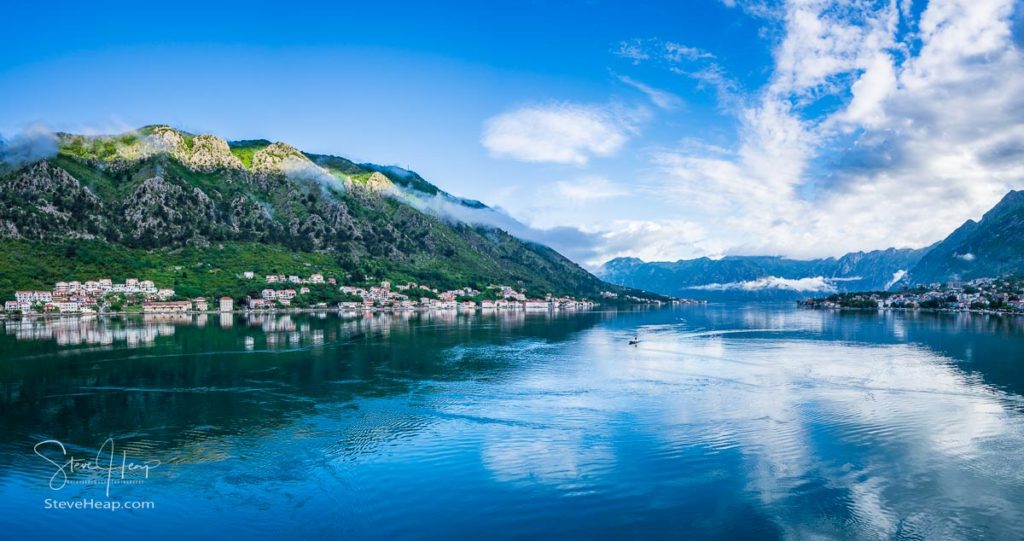 Small villages of Prcanj and Dobrota on coastline of Gulf of Kotor in Montenegro