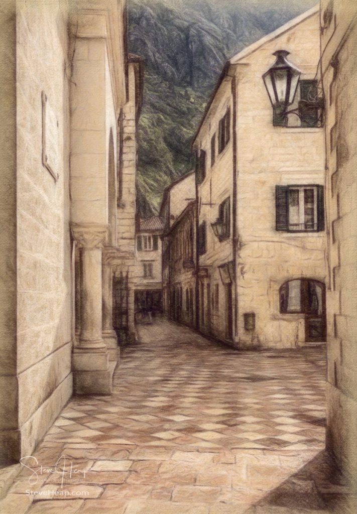 Tiled surface of pedestrian streets of old town Kotor in Montenegro in a colored pencil sketch. Prints available in my store