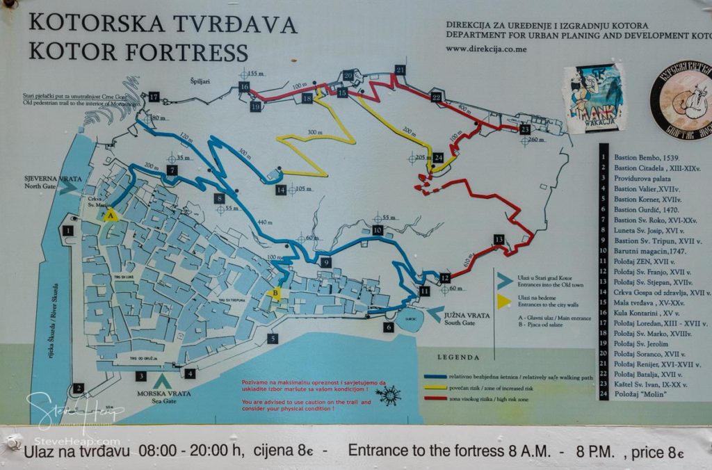 Street map of Kotor. I followed the blue path in upper left, then yellow and finally red paths to the summit