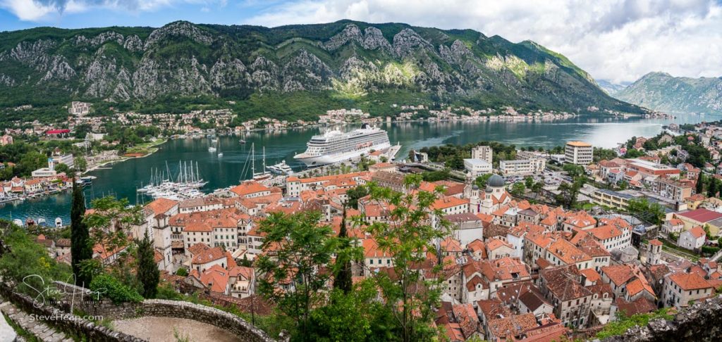 Viking Star cruise ship in old port of Kotor from hike to Fortress