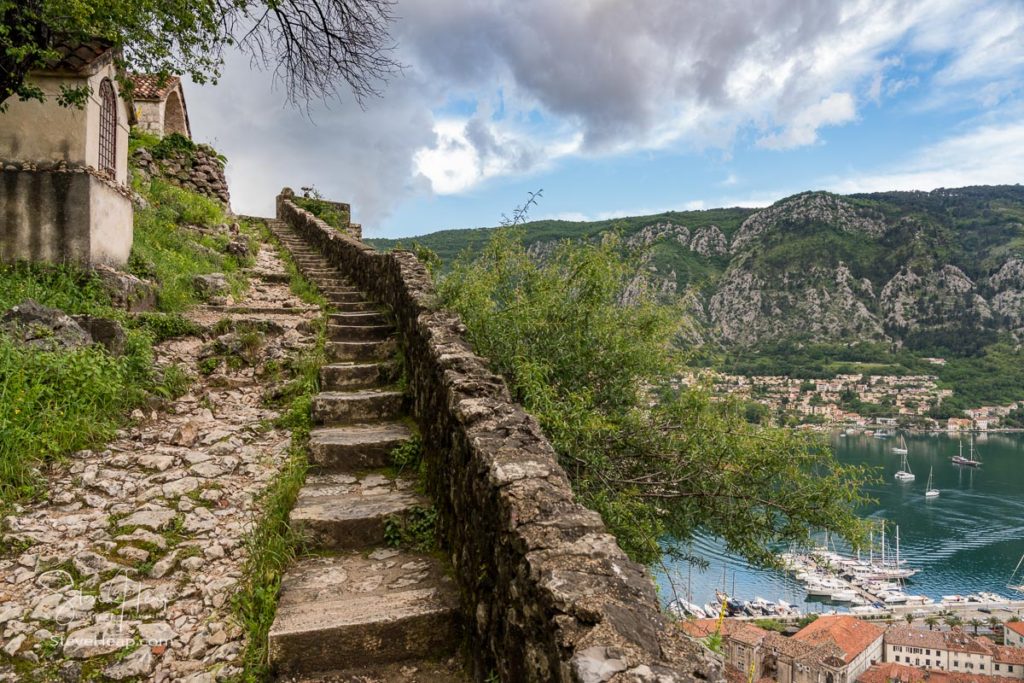 Steep pathway by Stations of the Cross above old town Kotor in Montenegro