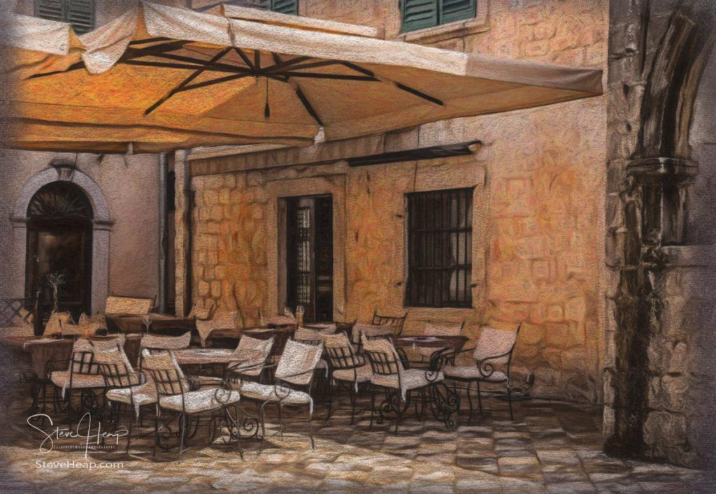 Small cafe of restaurant in the pedestrian streets of old town Kotor in Montenegro finished as a crayon drawing. Prints available in my store