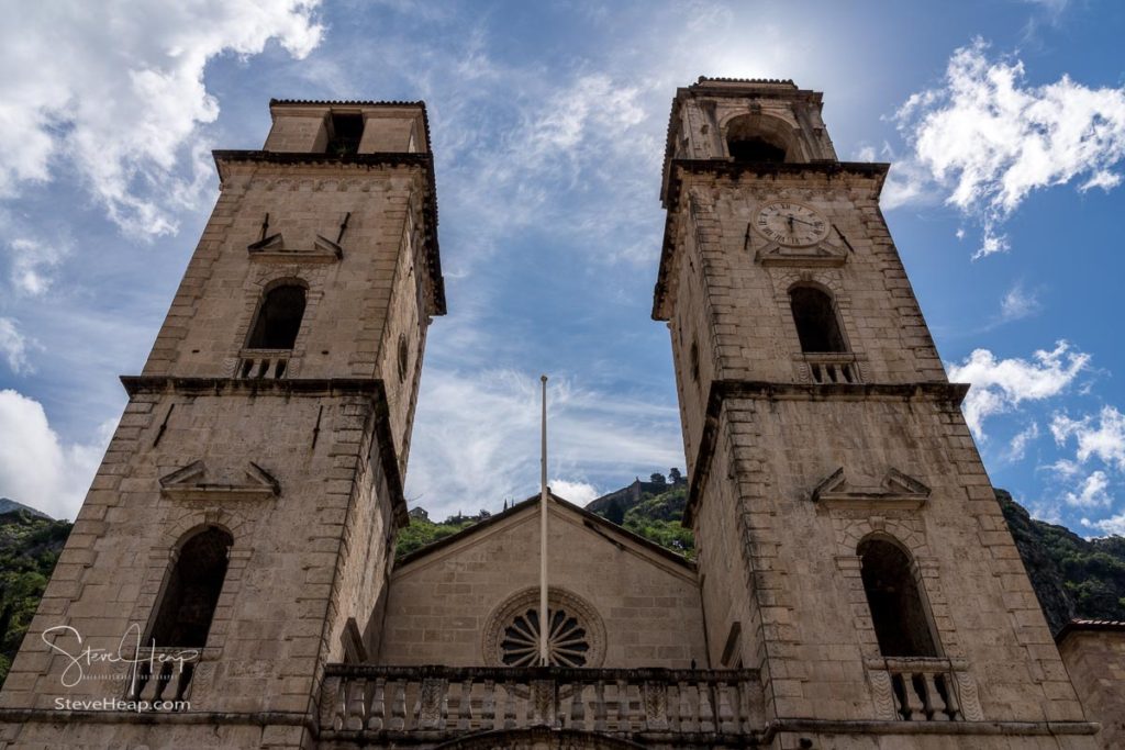 Twin towers of St Tryphon church in old town Kotor in Montenegro