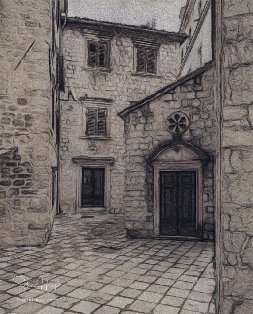 St Luke's Church on pedestrian streets of old town Kotor in Montenegro in charcoal. Prints in my online store