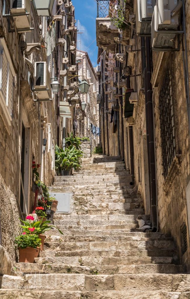 Steep steps in narrow street in the old town of Dubrovnik in Croatia