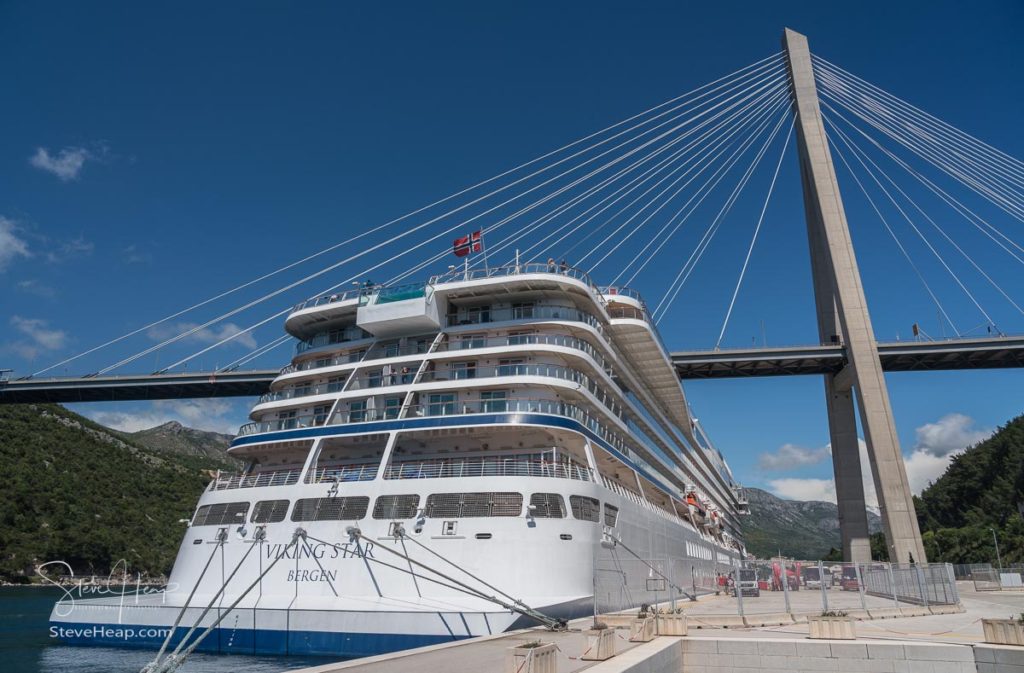 Viking Star cruise ship docked under the Franjo Tudman bridge in the Dubrovnik cruise port near the old town