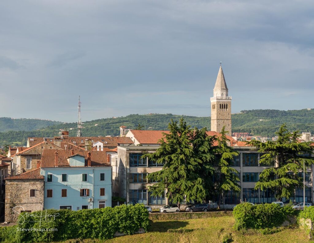 Church tower and city skyline of town of Koper in Slovenia