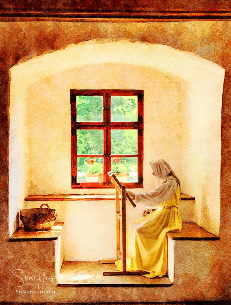 Digital watercolor painting of a lady working on embroidery in an alcove built into the old castle. Prints in my online store