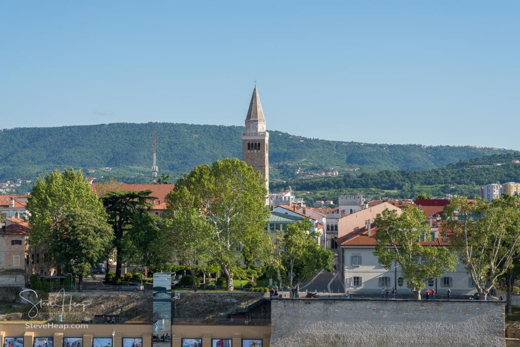 Church tower and city skyline of town of Koper in Slovenia