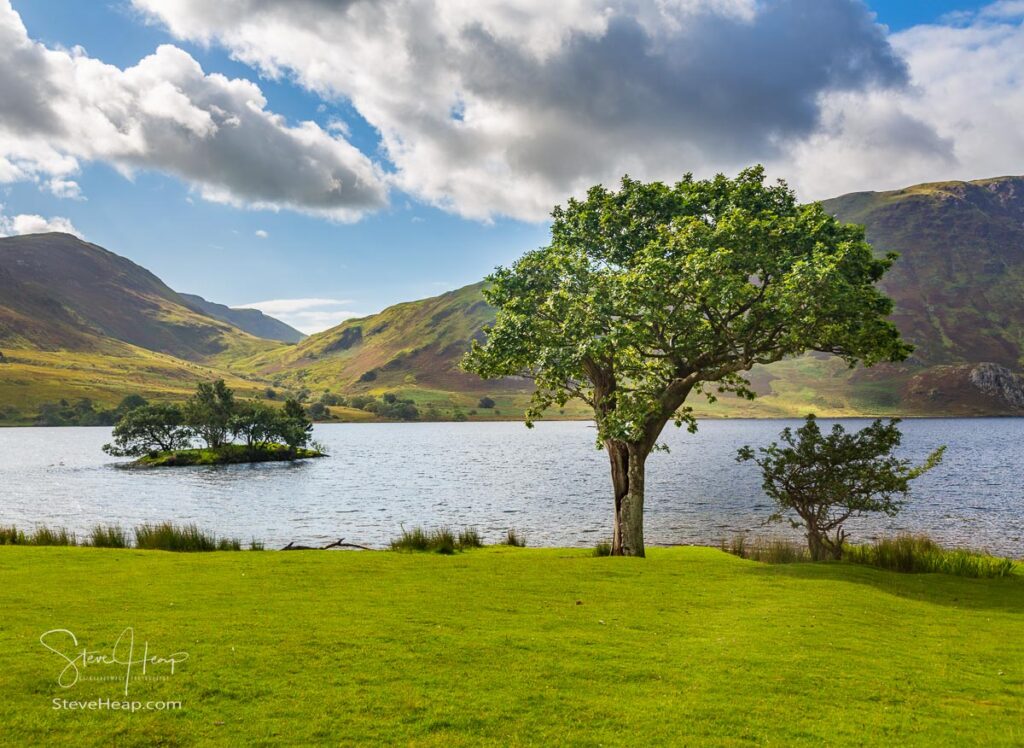 View of Crummock Water past trees and island in English Lake District. Prints in my online store