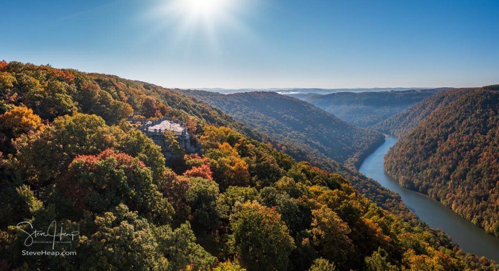 View up the Cheat River in narrow wooded gorge in the autumn. Coopers Rock Forest is near Morgantown, West Virginia. Prints in my store