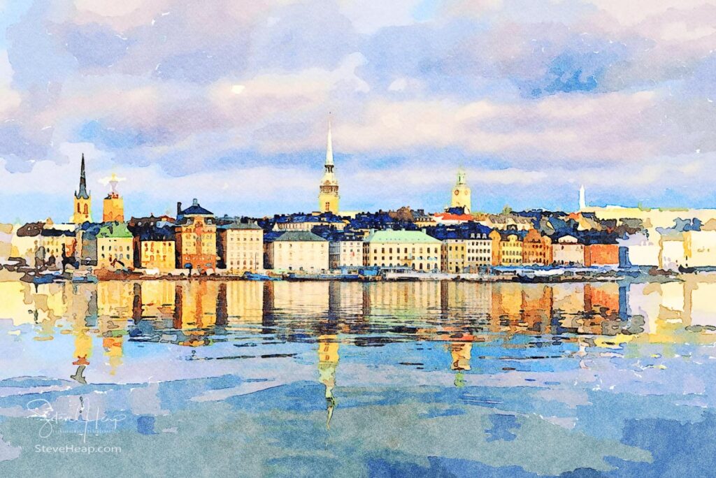 Digital watercolor of the panorama of Gamla Stan in Stockholm, Sweden. The brightly colored city is beautiful from out in the harbor