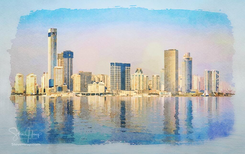 Digital art watercolor painting of widescreen panorama of the city skyline of Xiamen with reflections in ocean