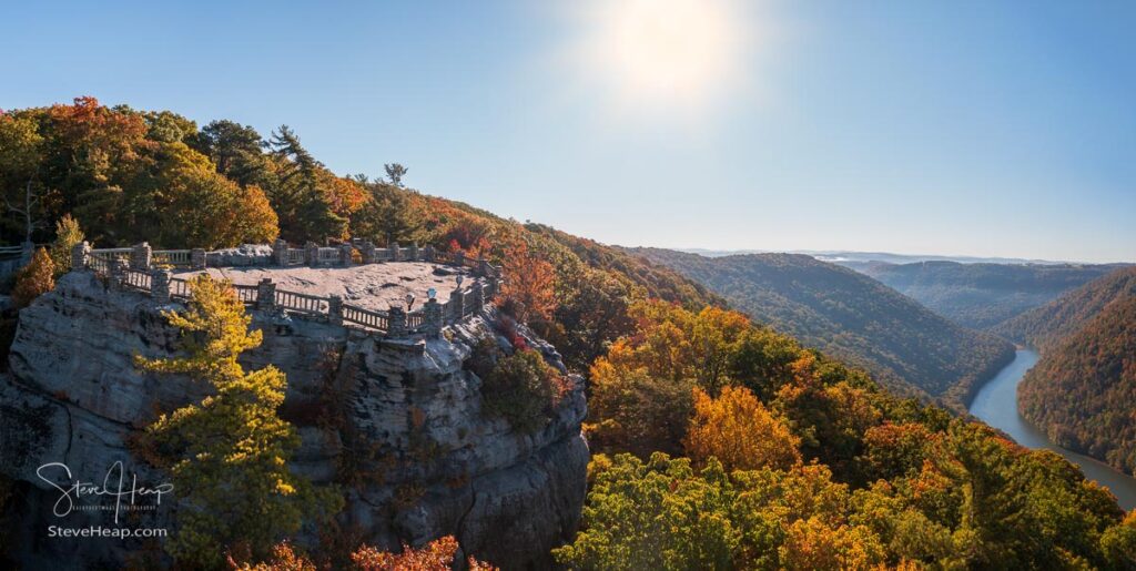 View up the Cheat River gorge in the autumn with Coopers Rock overlook in the colorful trees near Morgantown, West Virginia. Prints available here