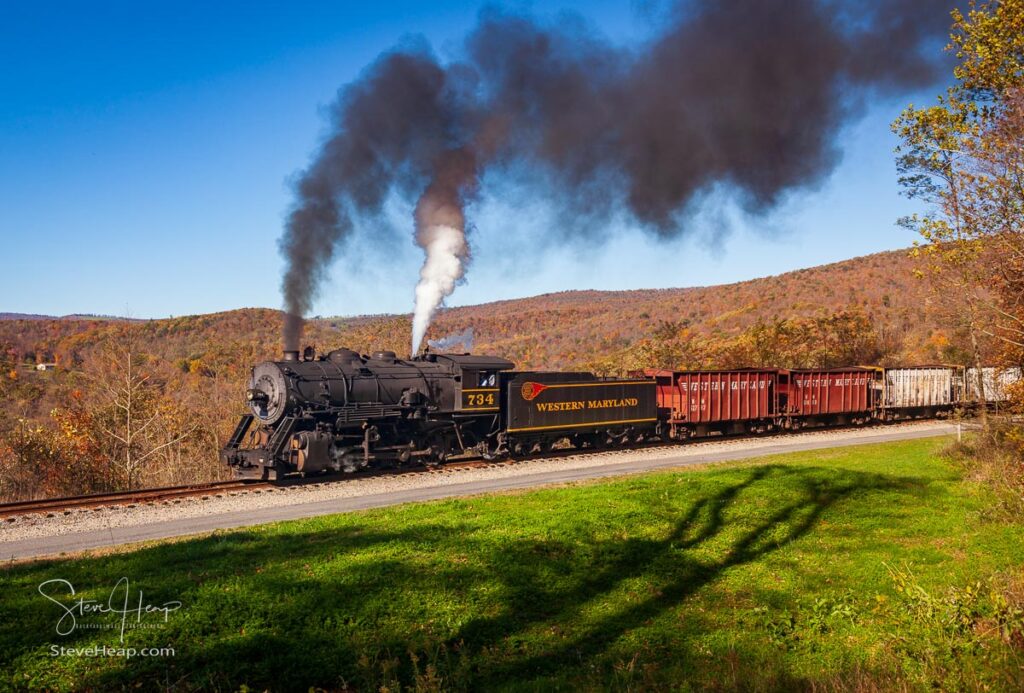 The Western Maryland Railroad train pulled by a 1916 Baldwin locomotive from Cumberland to Frostburg. Prints available here