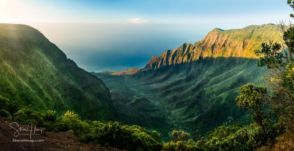 High-definition panorama over Kalalau Valley as sunset from the Kalalau overlook on Kauai, Hawaii. Prints in my store