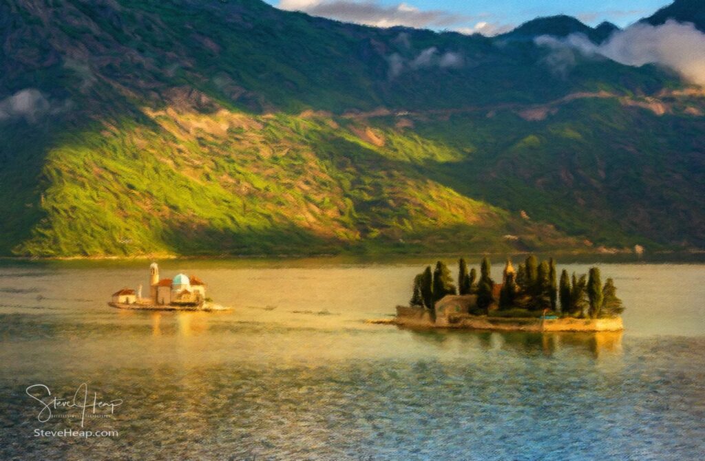 Digital impressionistic painting of St George and Our Lady of the Rocks islands in the Gulf of Kotor in Montenegro. Prints in my store