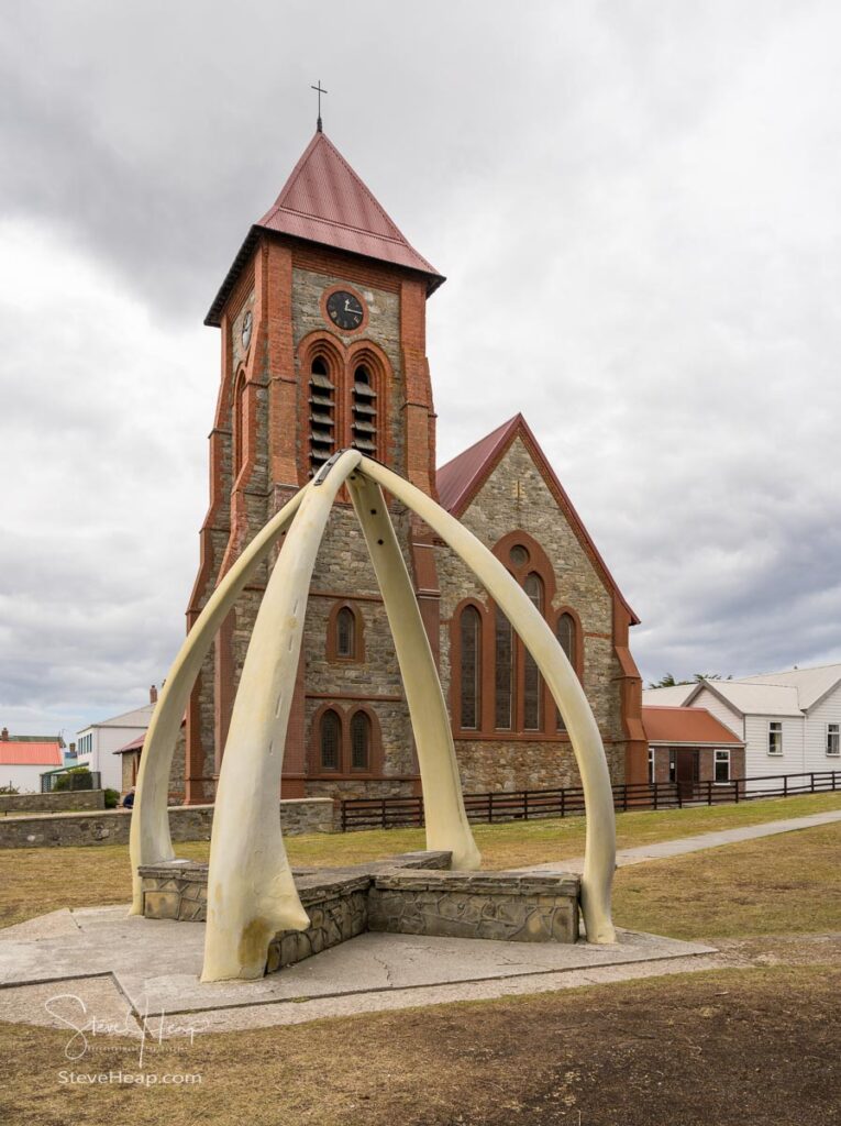 Whale bones in front of the Anglican Cathedral in Stanley