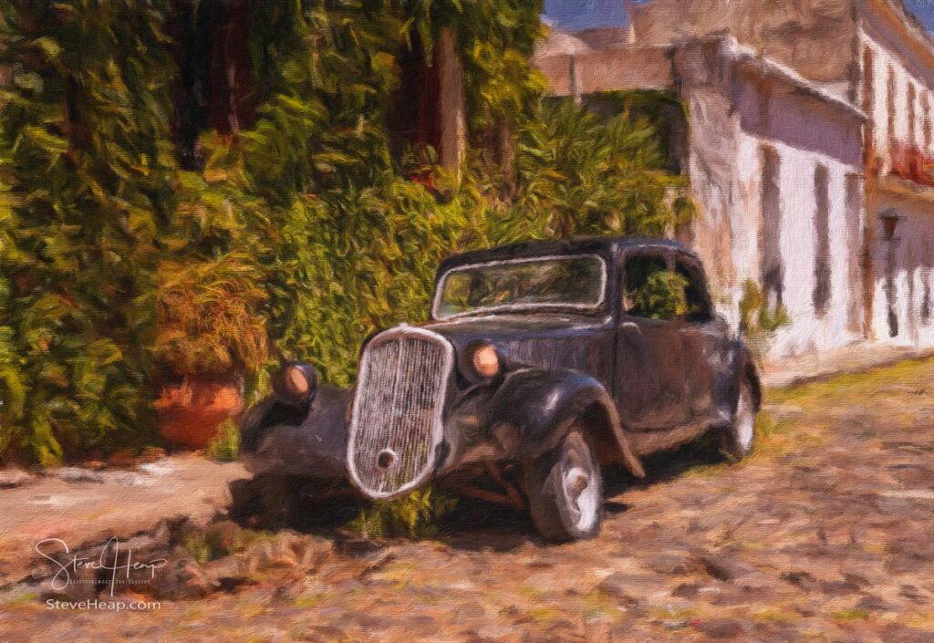 Old car "parked" on the cobbled De Portugal street by the Casa Luthier bar in Colonia del Sacramento