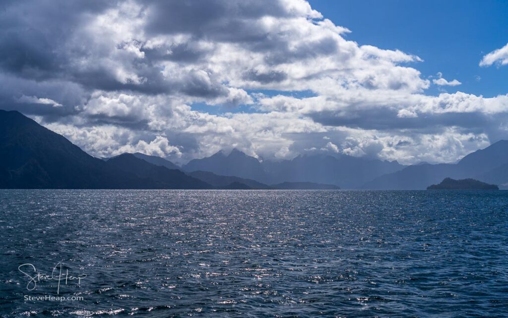 Sunlight reflecting on Todos Los Santos lake between Chile and Argentina