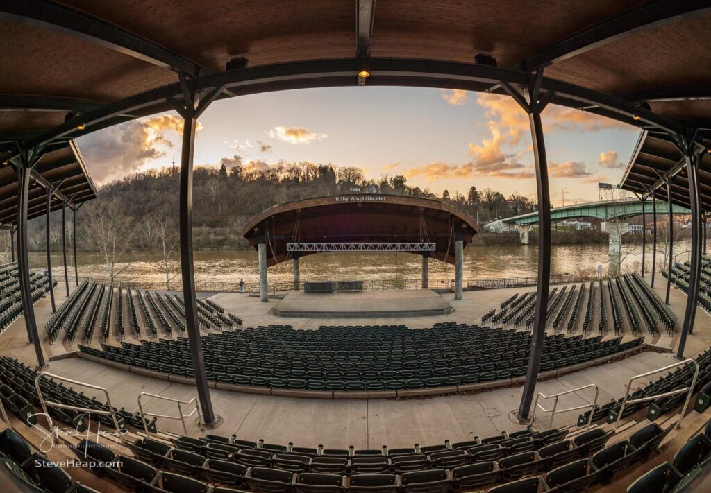 Fish eye wide angle lens view of the Ruby Amphitheater by the river in Morgantown West Virginia at sunset. Prints in my online store