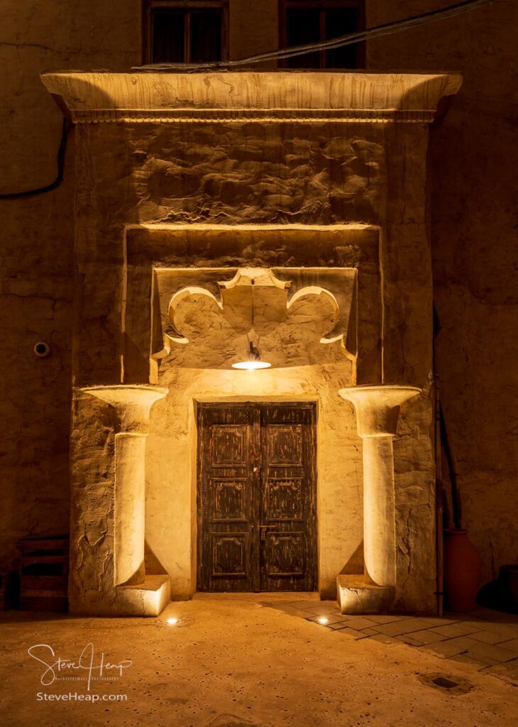 Buildings and doorways in the Old city of Dubai near Al Seef are illuminated for the evening in Ramadan