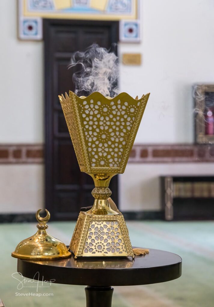 Golden incense burner inside the Jumeirah Mosque in Dubai open to all visitors. Prints available in my online store
